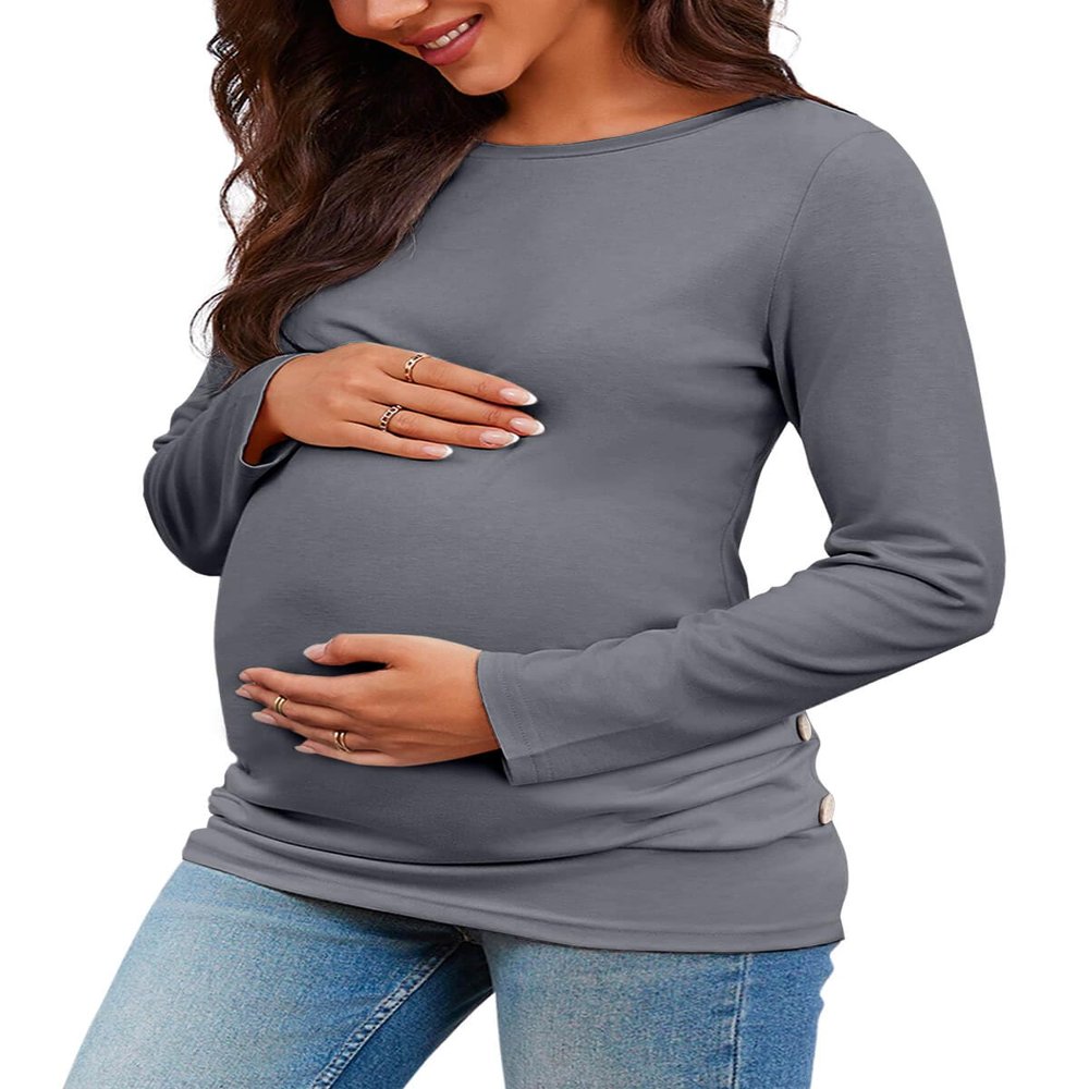 Chuanqi Maternity Shirt Side Button and Ruched Tunic Tops Maternity Long Sleeve T-Shirts (Grey, X-Large)