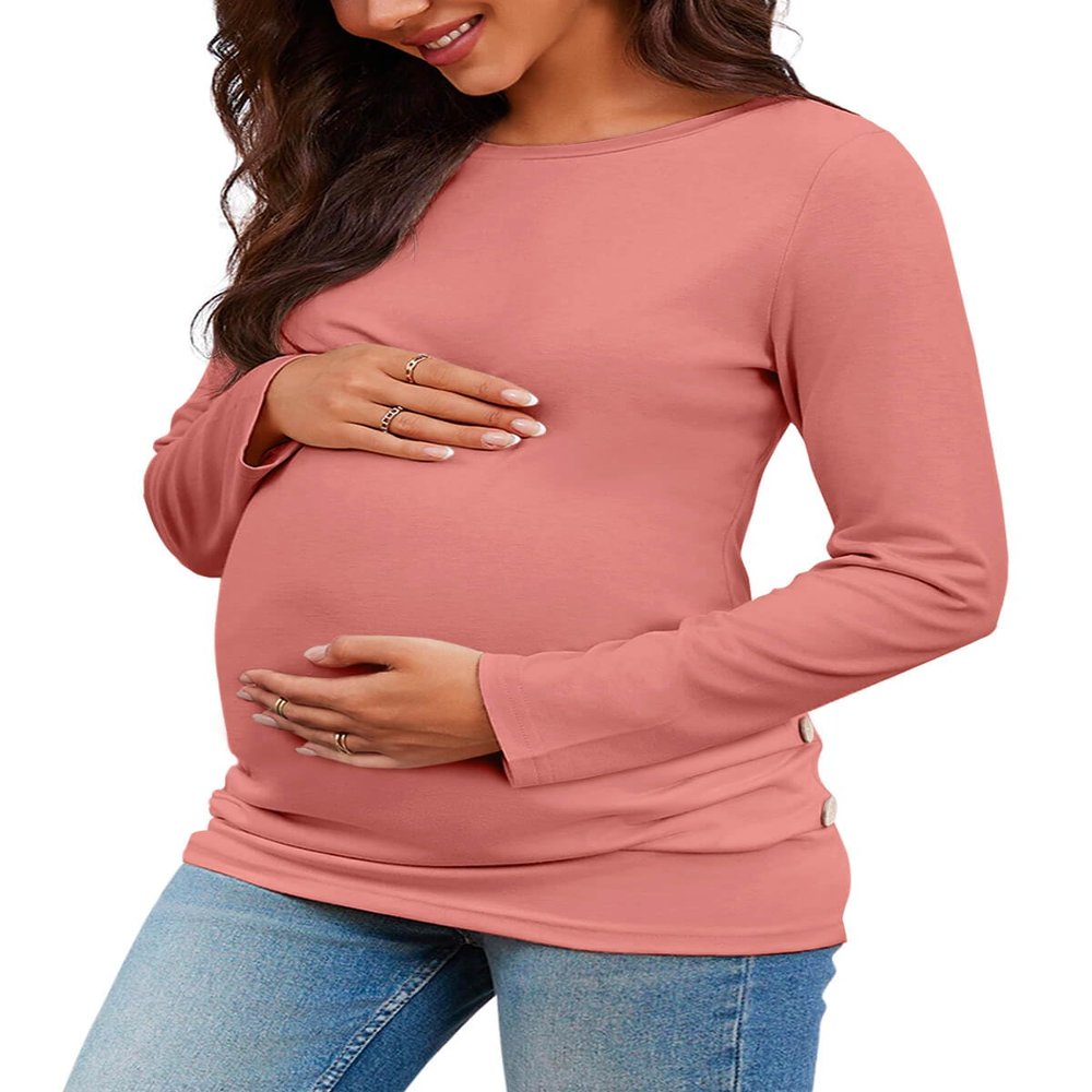 Chuanqi Womens Maternity Shirt Fall Long Sleeve Crew Neck T-Shirts Pregnancy Clothes Side Ruched Tunic Tops