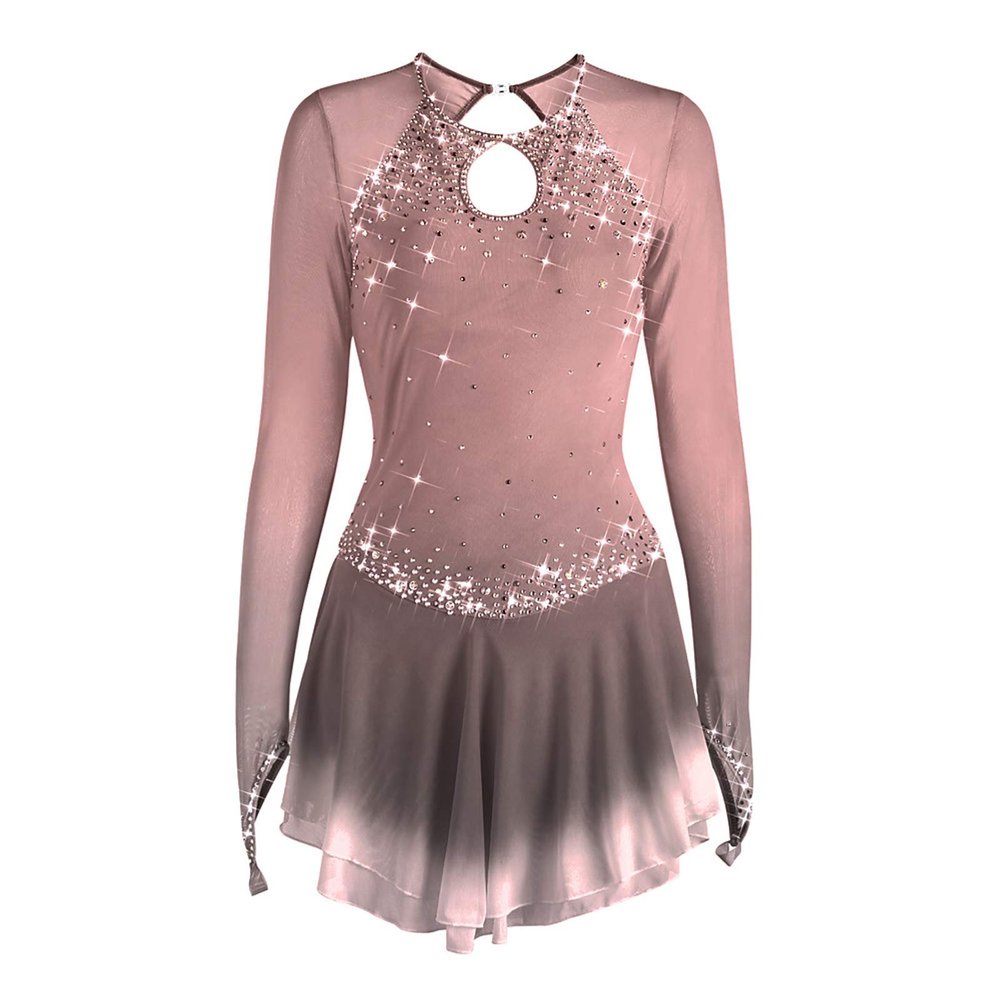 Figure Skating Dress Women Long Sleeve Competition Costume,Dusty Rose,M