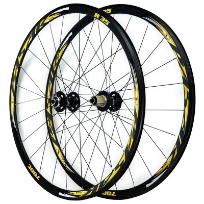 700C Road Bike Wheelset Front Rear Wheel Cyclocross Road Disc Brake Wheel V/C Brake Quick Release 7 8 9 10 11 Speed 24holes (Color : Yellow)