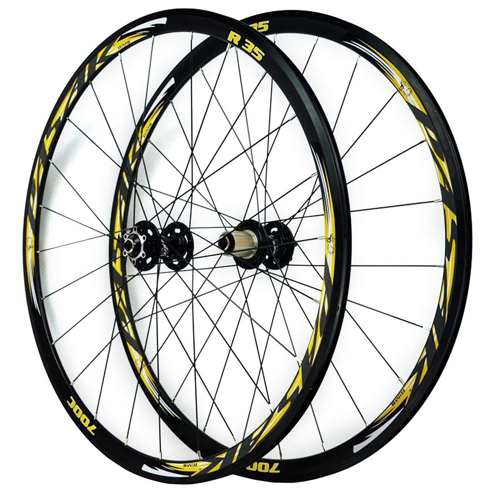 700C Road Bike Wheelset Front Rear Wheel Cyclocross Road Disc Brake Wheel V/C Brake Quick Release 7 8 9 10 11 Speed 24holes (Color : Yellow)