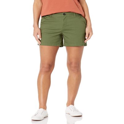 Amazon Essentials Women's Mid-Rise Slim-Fit 5 Inch Inseam Khaki Shorts (Available in Straight and Curvy Fits), Dark Olive, 14