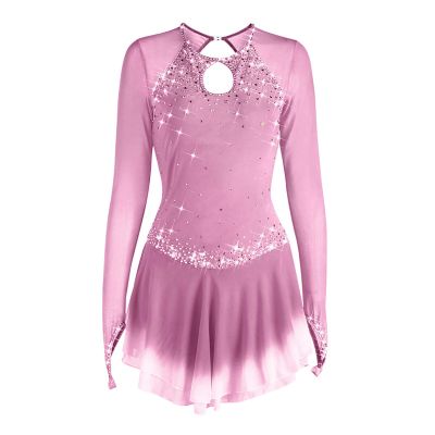 Figure Skating Dress Women Long Sleeve Competition Costume,Blushing Pink,S