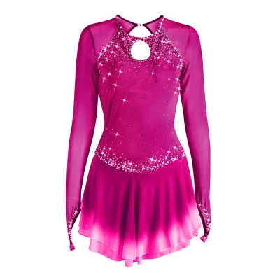 Figure Skating Dress Women Long Sleeve Competition Costume,Rose red,L