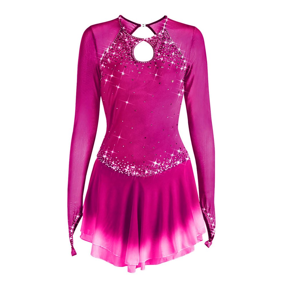 Figure Skating Dress Women Long Sleeve Competition Costume,Rose red,L