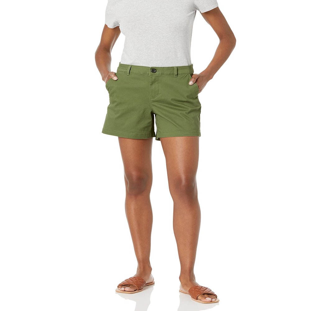 Amazon Essentials Women's Mid-Rise Slim-Fit 5 Inch Inseam Khaki Shorts (Available in Straight and Curvy Fits), Olive, 8
