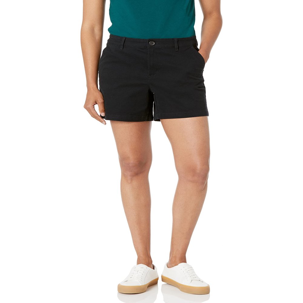Amazon Essentials Women's Mid-Rise Slim-Fit 5 Inch Inseam Khaki Shorts (Available in Straight and Curvy Fits), Black, 12