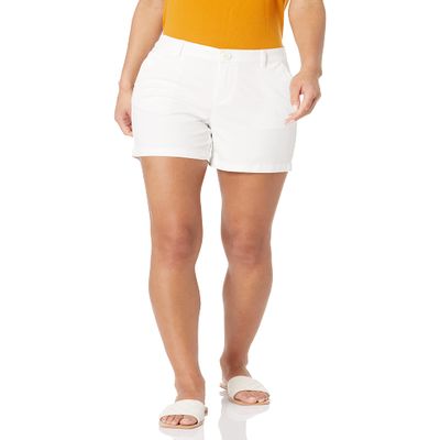 Amazon Essentials Women's Mid-Rise Slim-Fit 5 Inch Inseam Khaki Shorts (Available in Straight and Curvy Fits), White, 16
