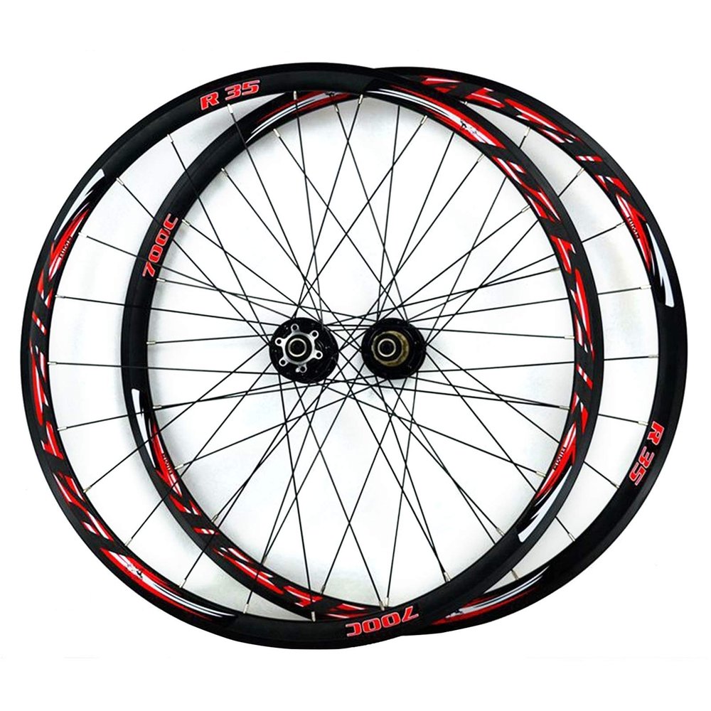 700C Road Bike Wheelset Front Rear Wheel Cyclocross Road Disc Brake Wheel V/C Brake Quick Release 7 8 9 10 11 Speed 24holes (Color : Red 2)