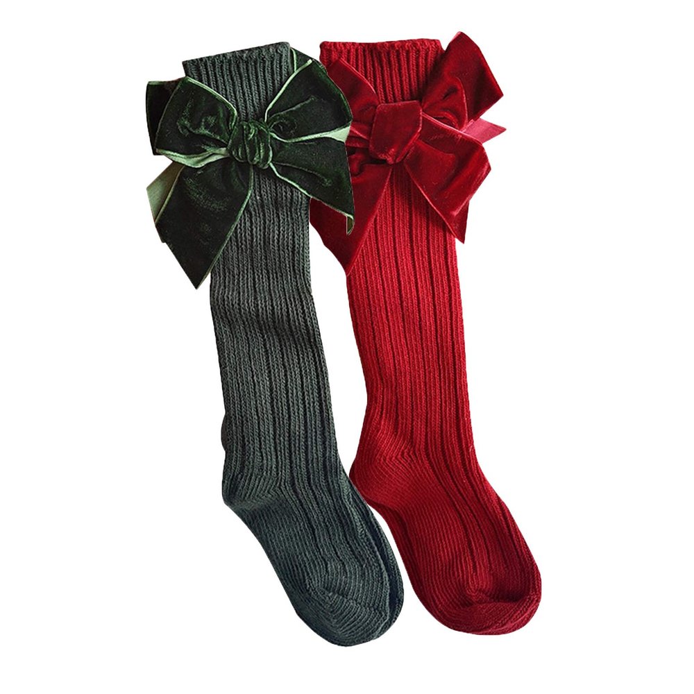 Kayotuas Baby Girls Knee High Socks with Bows Long Tube Ruffled Uniform Stockings Infant Toddler Ribbed Knit Socks (Christmas Socks Knee High 2-Pack, 1-3T)