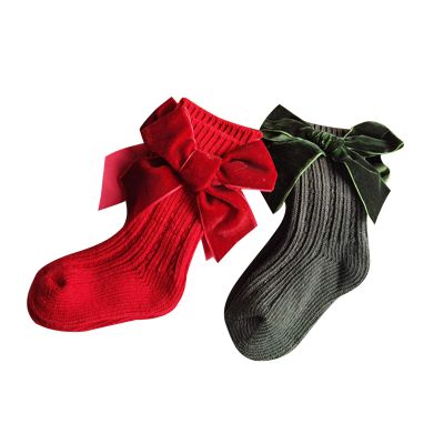 Baby Girls Knee High Socks With Bows - Long Tube Ruffled Uniform Stockings, Infant Toddler Ribbed Knit (Christmas Ankle 2-Pack, 0-12 Months)