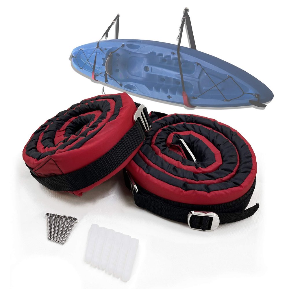 HTTMT- Surf Kayak Paddleboard Heavy-Duty Padded Wall Hanger Strap Storage Sling Kayak Hanger Paddleboard Hanger Garage Hanger [P/N: KAYAK-W05-BK+RED]