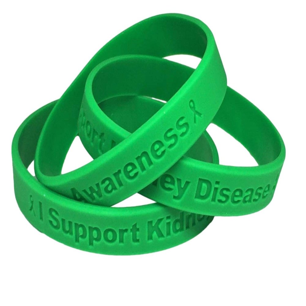5 Green" I Support Kidney Disease Awareness" Bracelets 100% Medical Grade Silicone - Latex and Toxin Free - 5 Bracelets - Show Your Support For Kidney Disease Awareness