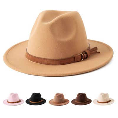 Jastore Kids Girls Boys Classic Wide Brim Bowknot Floppy Fedora Hat Wool Felt Bowler Cap (D-Camel, 5-10 Years)
