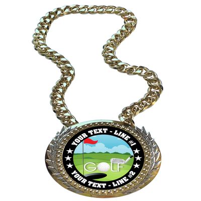Express Medals Metal Version Golf Champ Chain Trophy with 2 Lines of Personalized Custom Text on a Large Award Medal and Attached 34 inch Long Metal Neck Chain. EG130
