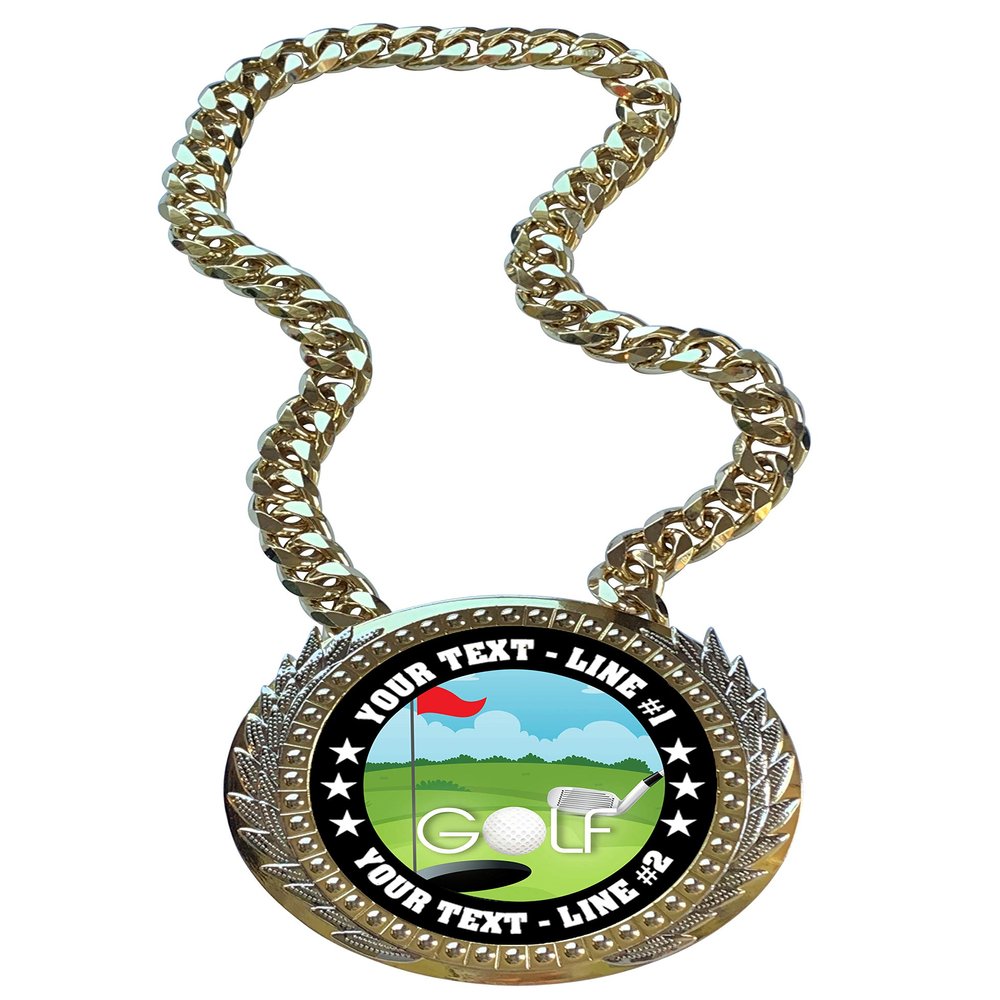 Express Medals Metal Version Golf Champ Chain Trophy with 2 Lines of Personalized Custom Text on a Large Award Medal and Attached 34 inch Long Metal Neck Chain. EG130