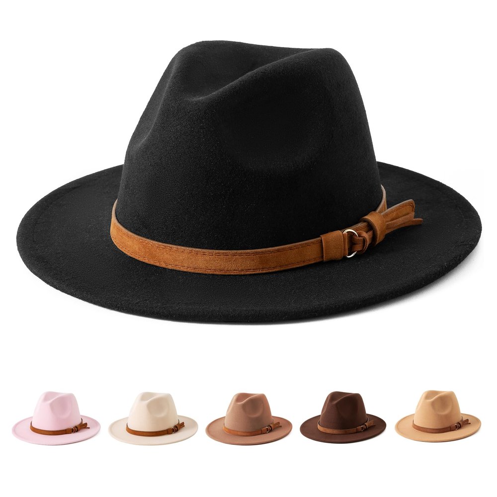 Jastore Kids Girls Boys Classic Wide Brim Bowknot Floppy Fedora Hat Wool Felt Bowler Cap (D-Black, 5-10 Years)