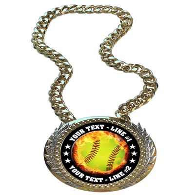 Express Medals Metal Version Flame Softball Champ Chain Trophy with 2 Lines of Personalized Custom Text on a Large Award Medal and Attached 34 inch Long Metal Neck Chain. EMFCL805