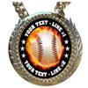 Express Medals Metal Version Flame Baseball Champ Chain Trophy with 2 Lines of Personalized Custom Text on a Large Award Medal and Attached 34 inch Long Metal Neck Chain. EMFCL808 view 2