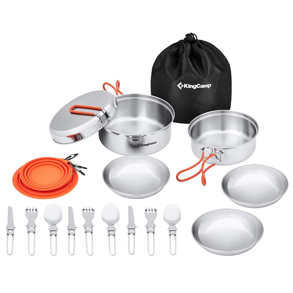 KingCamp Camping Cookware Mess Kit, 25pcs Backpacking Gear Cooking Equipment, Lightweight Pots and Pans with Folding Knife and Fork Set for 3-4 Person