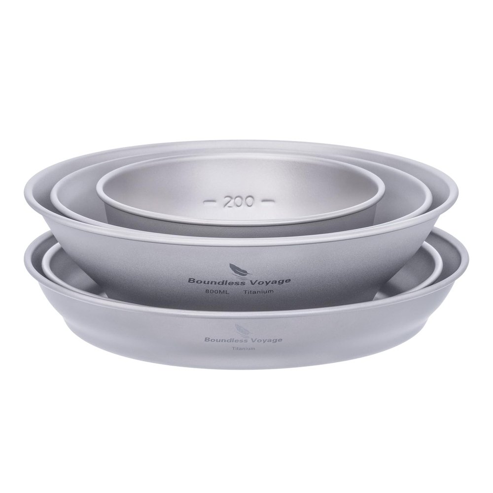 Boundless Voyage Titanium Dish Plate and Utensils Mess Kit with Carry Mesh Bag - Single-Walled Bowls for Camping and Backpacking - Ti15167A