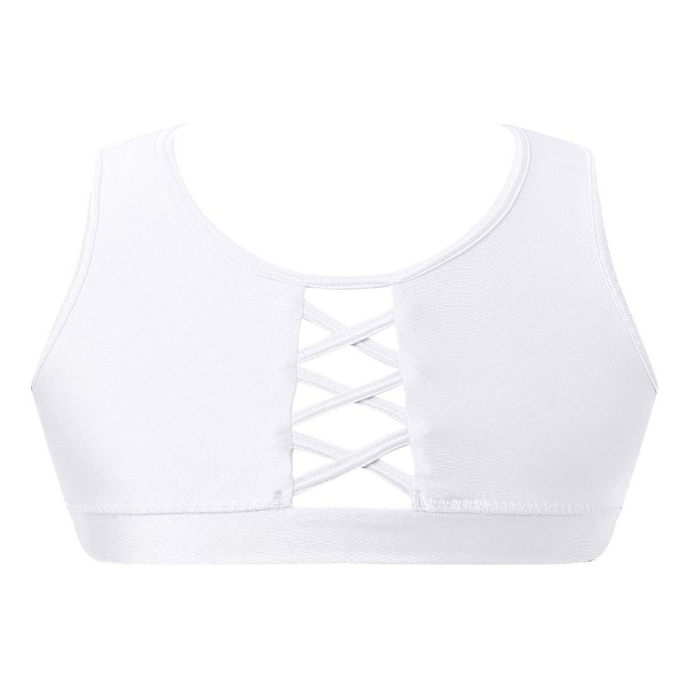 dPois Kids Girls' Workout Sleeveless U Neck Criss-Cross Front Crop Tops Vest Gymnastics Dance Sports Bra White 6