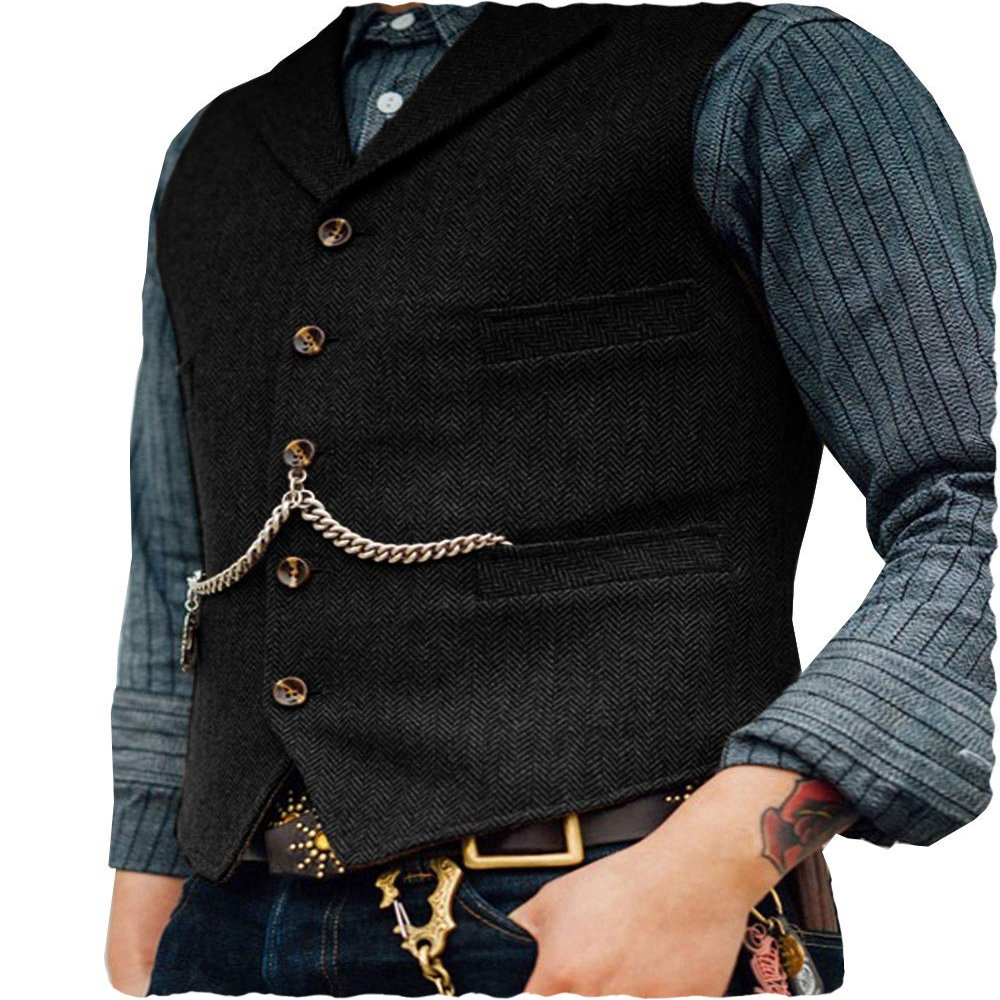 Aesido Vintage Men Vest Slim Fit Tweed Wool Herringbone Business Waistcoat for Wedding Groomsmen(Black,Customize)