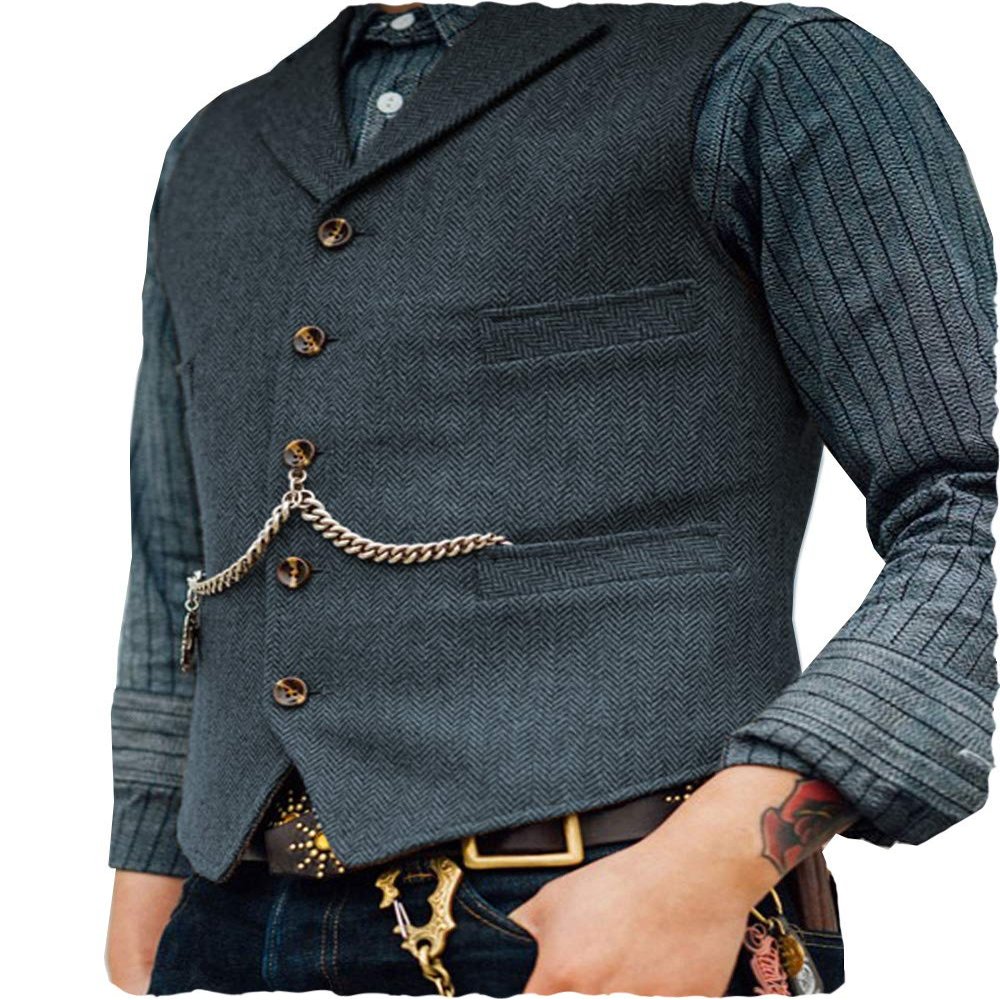 Aesido Vintage Men Vest Slim Fit Tweed Wool Herringbone Business Waistcoat for Wedding Groomsmen(Light Navy,S)