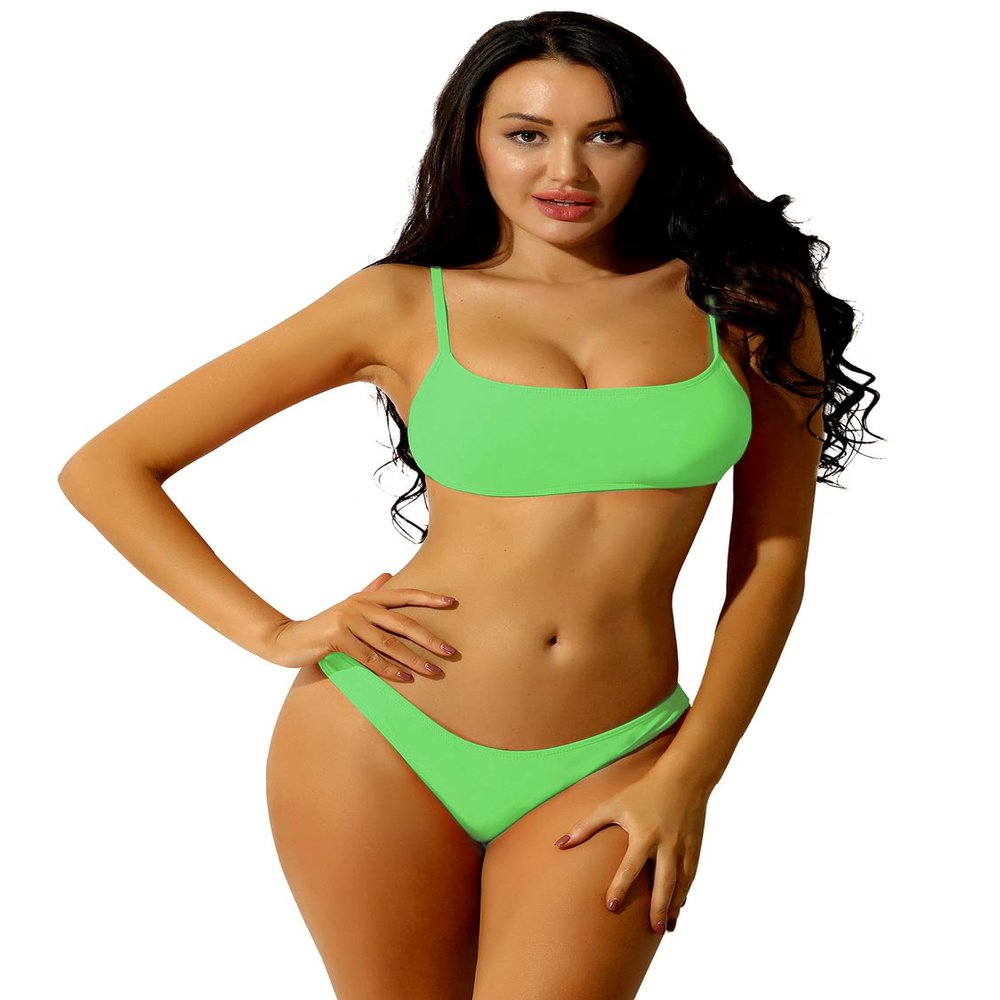 Hansber Womens 2Pcs Swimsuits Bikini Set Push up Padded Bra Tops with Briefs Thong Bathing Suits Swimwear Fluorescent Green Small