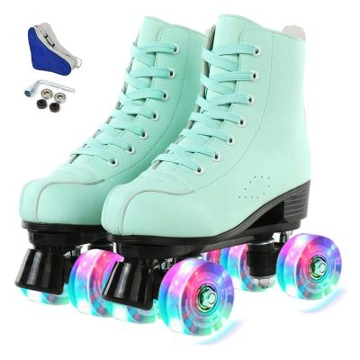 jessie PU Leather Roller Skates Roller Skates for Women Outdoor and Indoor Adjustable Four-Wheel Premium Roller Skates for Women Men Boys and Girls (Green Wheel,Women's 7/ Men's 5.5)