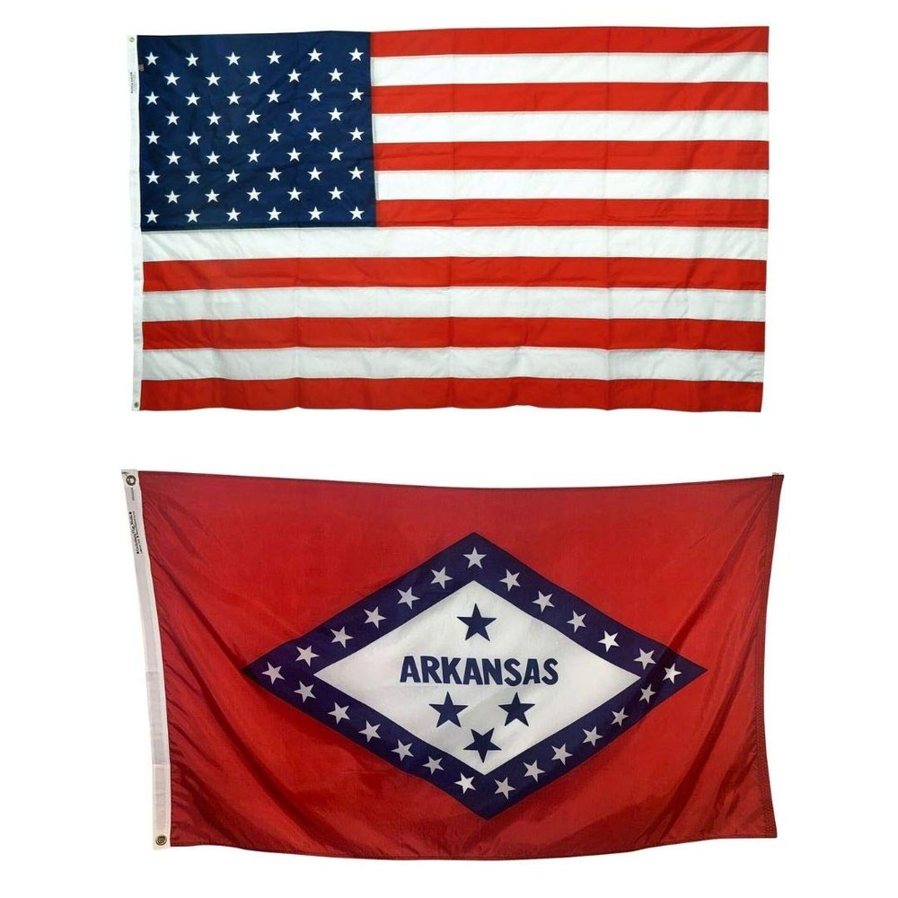 4x6' Arkansas & 4x6' United States Flag Bundle - Durable All Weather Nylon & Reinforced Fly End Stitching - Made in The USA