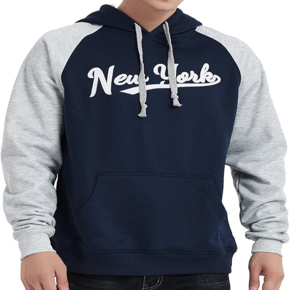 DELUSPTOMAY Mens New York Baseball Team Big Embroidery Hooded Sweatshirt Pullover Casual Hoodie Navy M