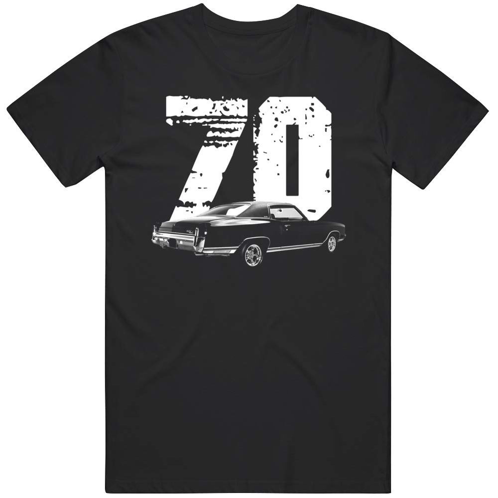 1970 Chevy Monte Carlo Rear Three Quarter View with White Year T Shirt L Black