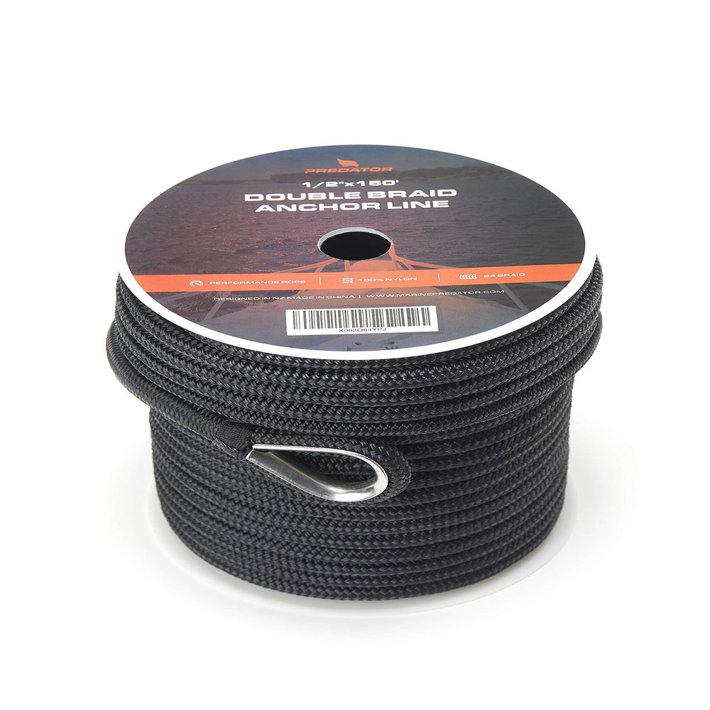 Anchor line 1/2 inch X 150ft - Double Braided Nylon Anchor Line/Boat Rope with 316SS Thimble and Heavy Duty Marine Black