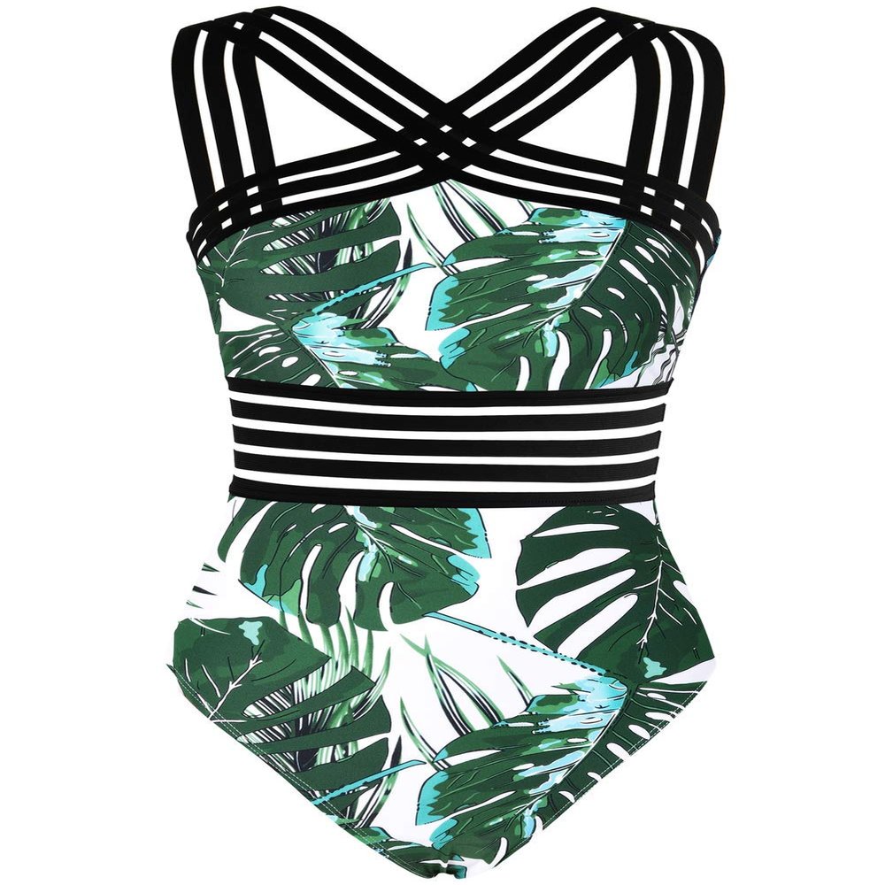 Hilor Women's Retro One Piece Swimsuits Hollow Bathing Suits Flattering Swimming Suits Green&Blue Leaves XL/US14