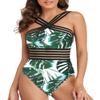 Hilor Women's Retro One Piece Swimsuits Hollow Bathing Suits Flattering Swimming Suits Green&Blue Leaves XL/US14 view 3
