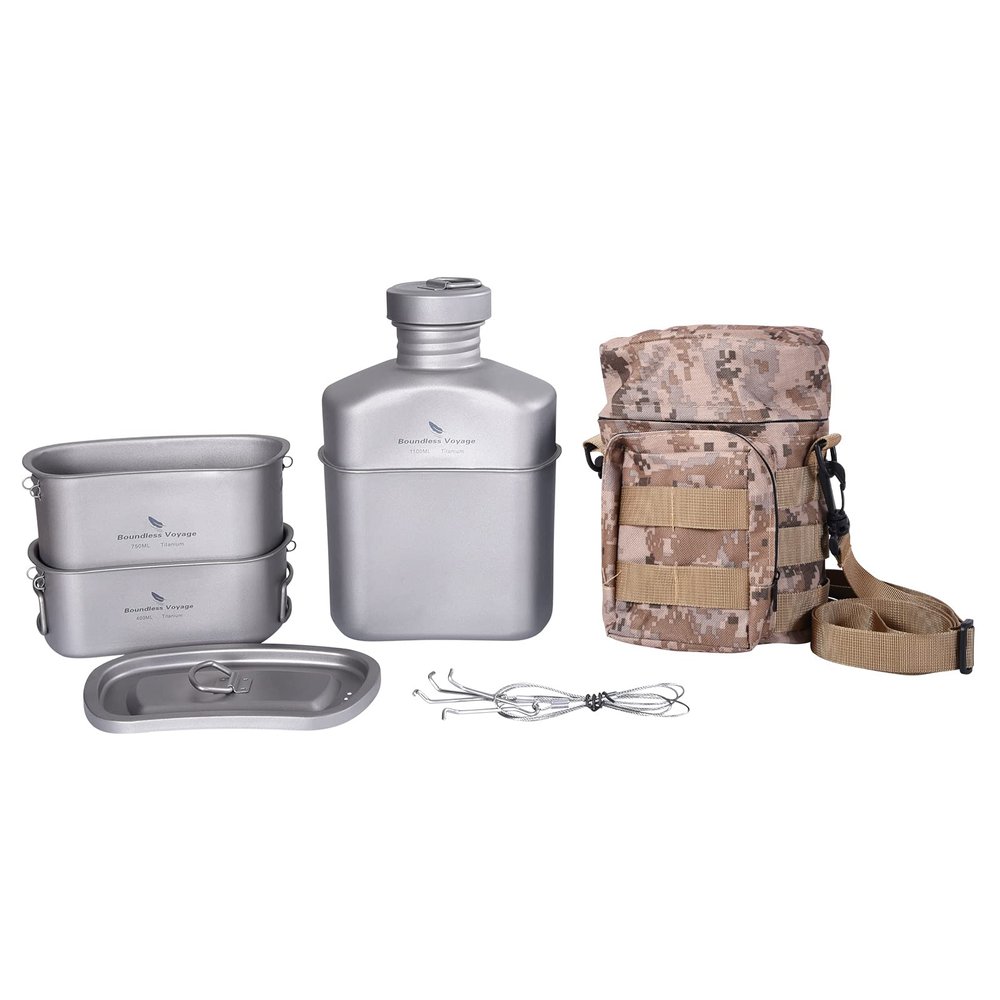 Boundless Voyage Titanium Military Canteen Cups Set Outdoor Camping Hiking Water Bottle Bowl Cooking Set Mess Kit (Ti15158B (Canteen+2cups set))
