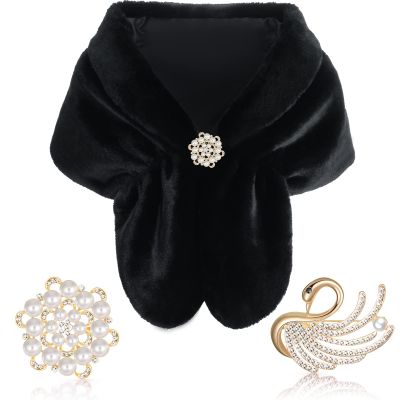 Faux Fur Shawl Wrap Stole Shrug Winter Bridal Wedding Scarf Wrap with Faux Pearl Rhinestone Brooches for Women 1920s (Black, Medium, Short Hair)