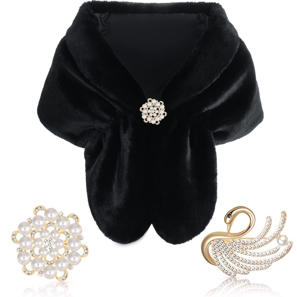 Faux Fur Shawl Wrap Stole Shrug Winter Bridal Wedding Scarf Wrap with Faux Pearl Rhinestone Brooches for Women 1920s (Black, Medium, Short Hair)