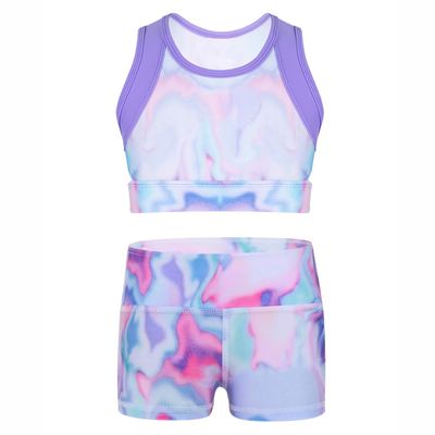 Moggemol Kids Girls Tie Dye 2 Pcs Ballet/Dance/Gymnastics/Sports Cutout Back Crop Top with Booty Shorts Colorful 14