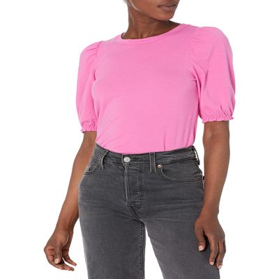 Amazon Essentials Women's Regular-Fit Puff Short-Sleeve Crewneck T-Shirt, Bright Pink, Small