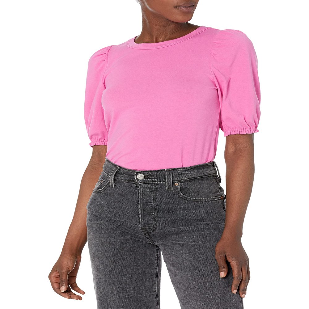 Amazon Essentials Women's Regular-Fit Puff Short-Sleeve Crewneck T-Shirt, Bright Pink, Small