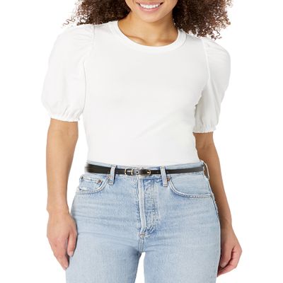 Amazon Essentials Women's Regular-Fit Puff Short-Sleeve Crewneck T-Shirt, Bright White, Large