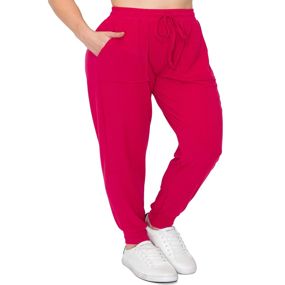 ALWAYS Women's Ribbed Jogger Sweatpants - Rib-Knit Lightweight Soft Stretch Pork Chop Pockets Pants Deep Red 2XL