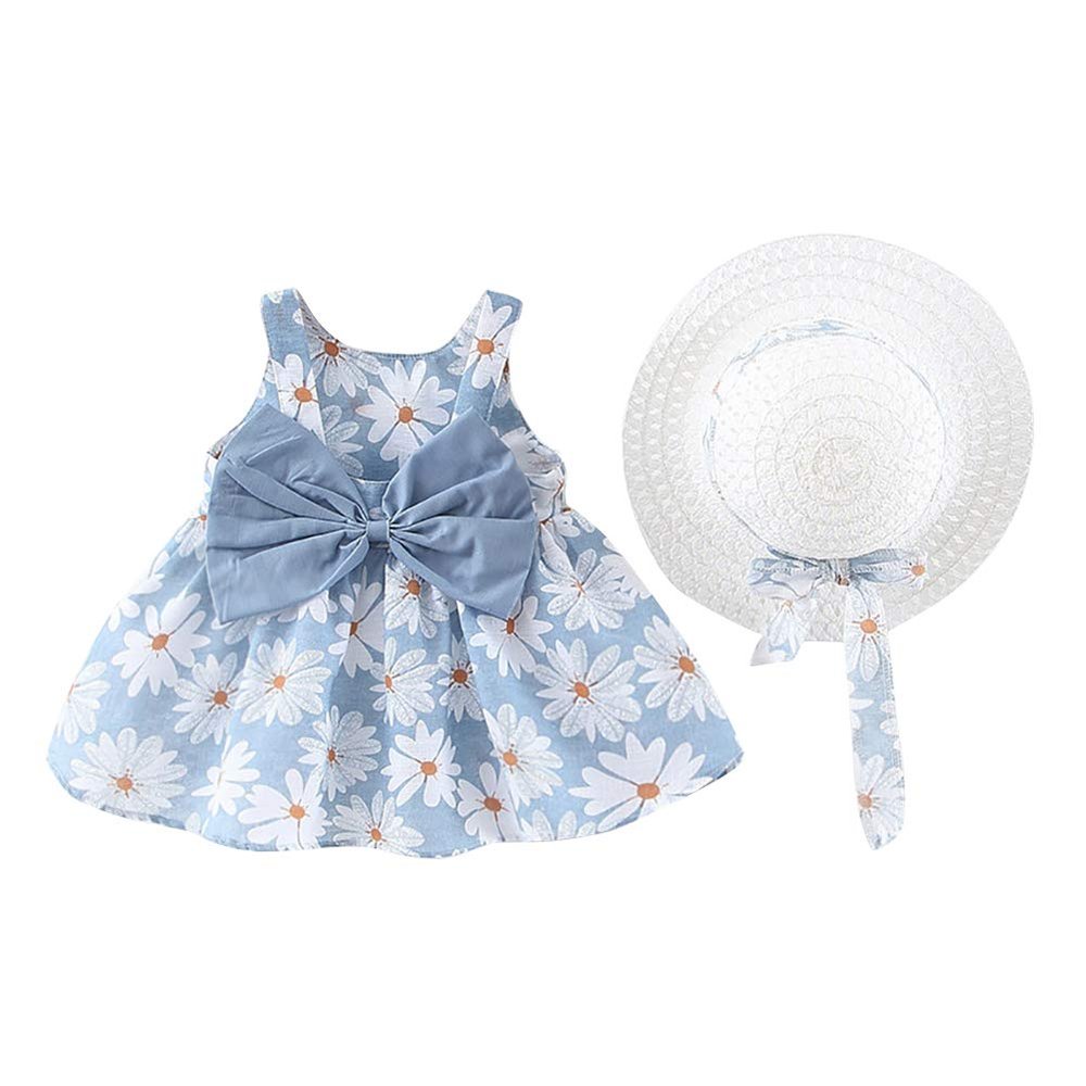 Baby Girl Tutu Dress Summer Sleeveless Rainbow Polka Dot Bowknot Flower Dresses Backless Princess Christening Baptism Birthday Party Sundress Pageant Wedding Dress with Straw Sun Hat Blue 6-12 Months