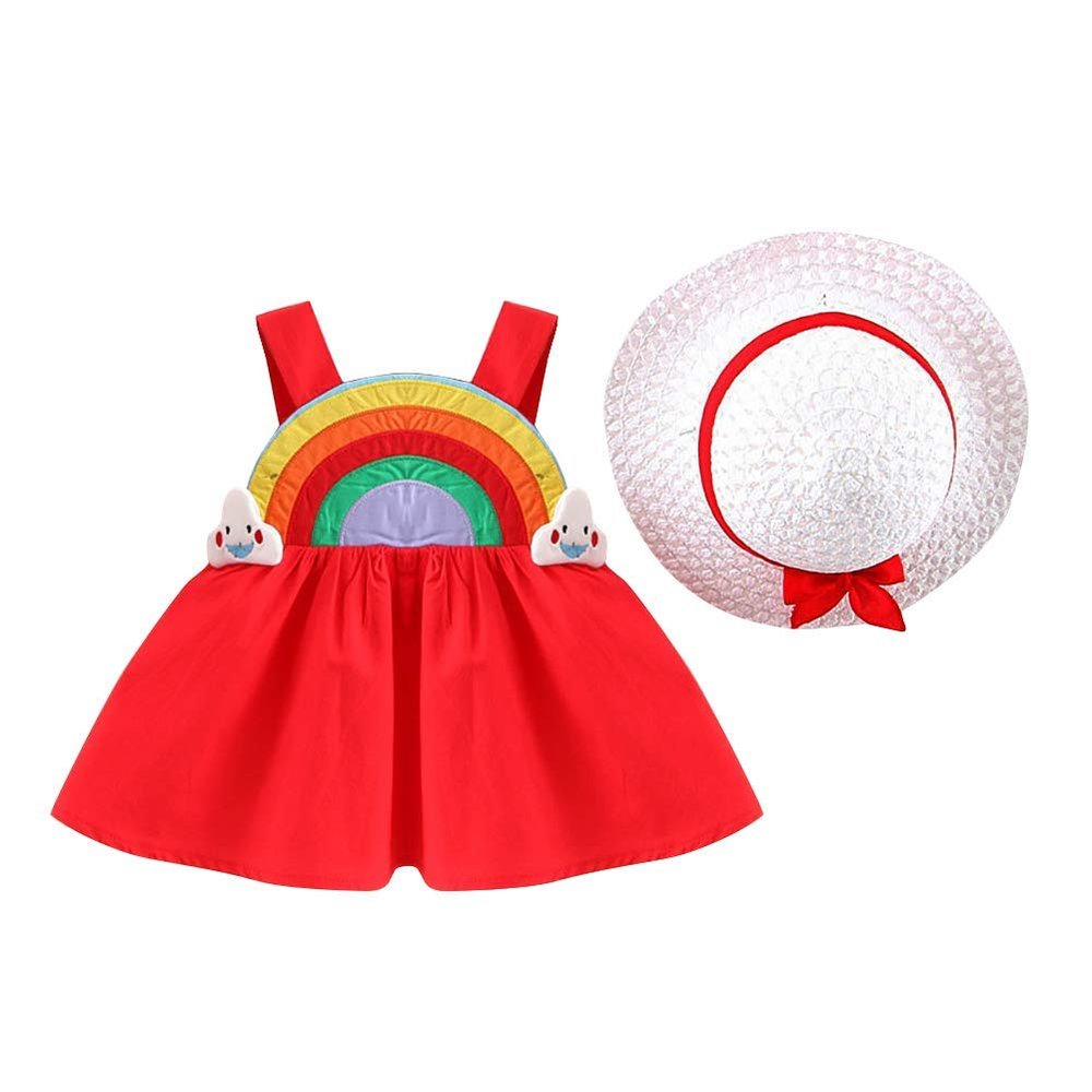 Baby Girl Tutu Dress Summer Sleeveless Rainbow Print Bowknot Flower Dress Ruffle Strap Backless Princess Baptism Birthday Party Sundress Pageant Wedding Dress with Straw Sun Hat 04#Red 12-18 Months