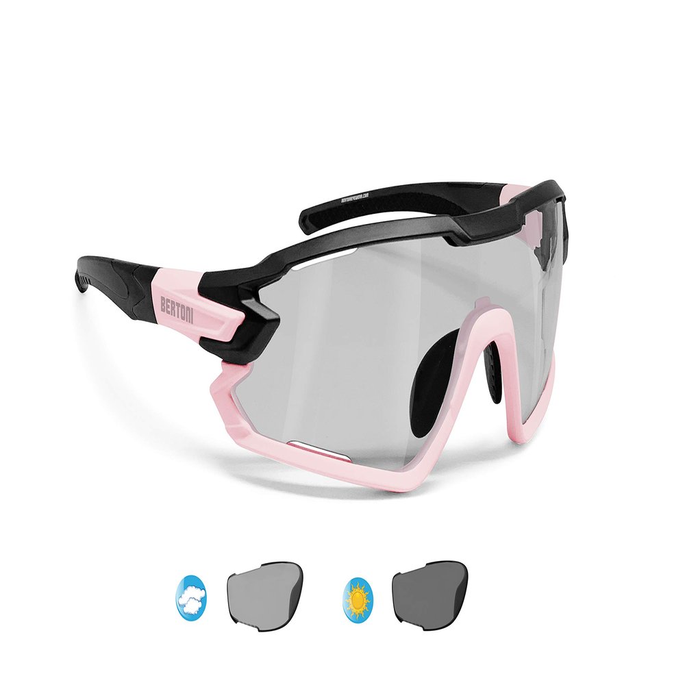 Bertoni Sport Sunglasses Polarized Photochromic Cycling MTB w. Prescription Carrier QUASAR (Black-Pink/Photochromic Polarized)