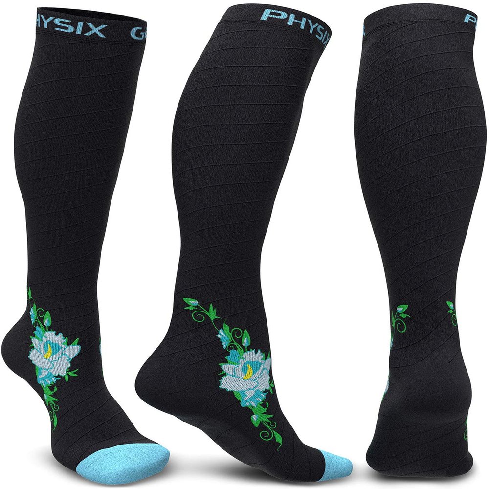 Physix Gear Compression Socks - Best Men & Womens Compression Socks for Circulation, Running, Nurses, Athletic Use Sock Compression, Blood Pressure Socks, Calcetines de, Black/Blue Flower, XXL