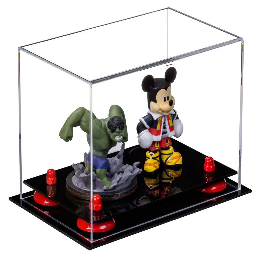 Better Display Cases Versatile Acrylic Clear Display Case - Small Rectangle Box with Red Risers and Black Base 9.5" x 6" x 6.5" (A005, V43)