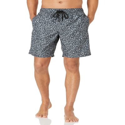 Amazon Essentials Men's 9" Swim Trunks with Mesh Lining, Pockets, Drawstring Closure, Charcoal Graphic Marks, Large